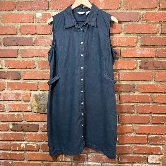 J. Jill | Dresses | Jjill Love Linen Dress Womens L Navy Beachy Coastal  Nautical Button Up Lagon | Poshmark